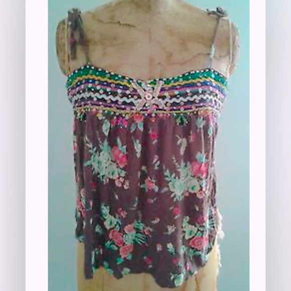 Vintage Free People Hippie Tank Top w Floral print and Rick Rack Sequin Trim - Picture 9 of 9
